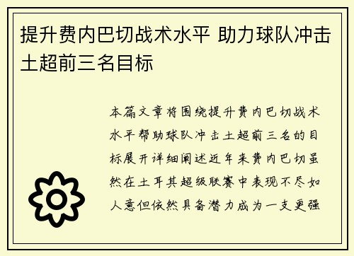 提升费内巴切战术水平 助力球队冲击土超前三名目标