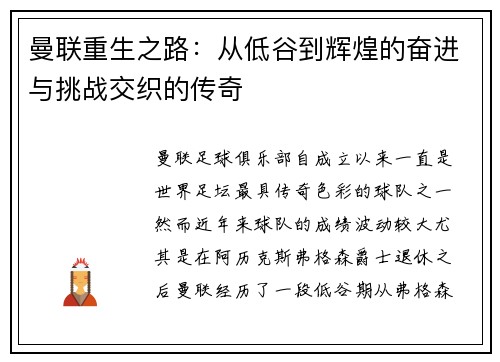 曼联重生之路：从低谷到辉煌的奋进与挑战交织的传奇
